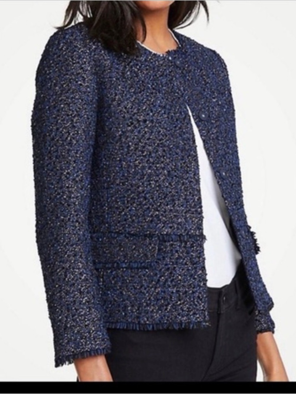 Ann Taylor Navy Tweed Open Collar Jacket